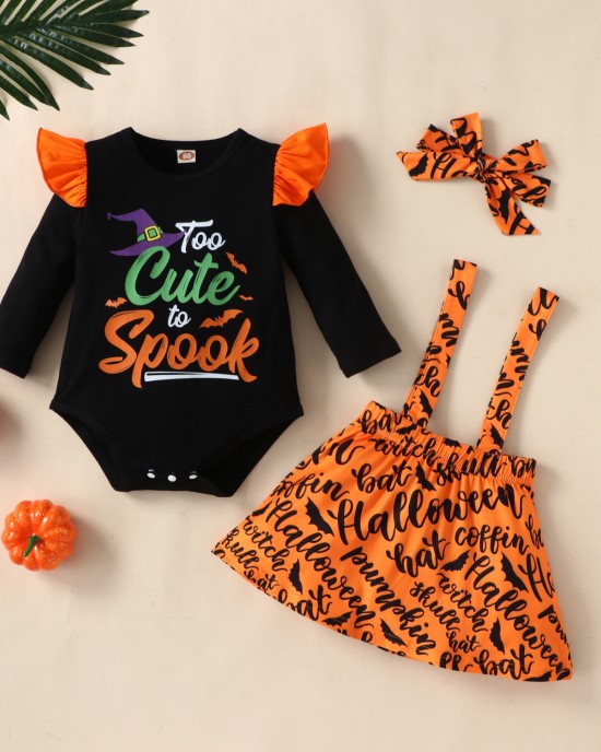 【6M-3Y】3-piece Baby Girl Halloween Print Romper And Suspender Skirt Set