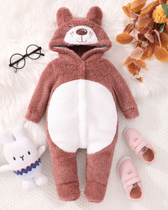 【0M-18M】Unisex Baby Cute Velvet Keep Warm Bear Colorblock Hooded Jumpsuit