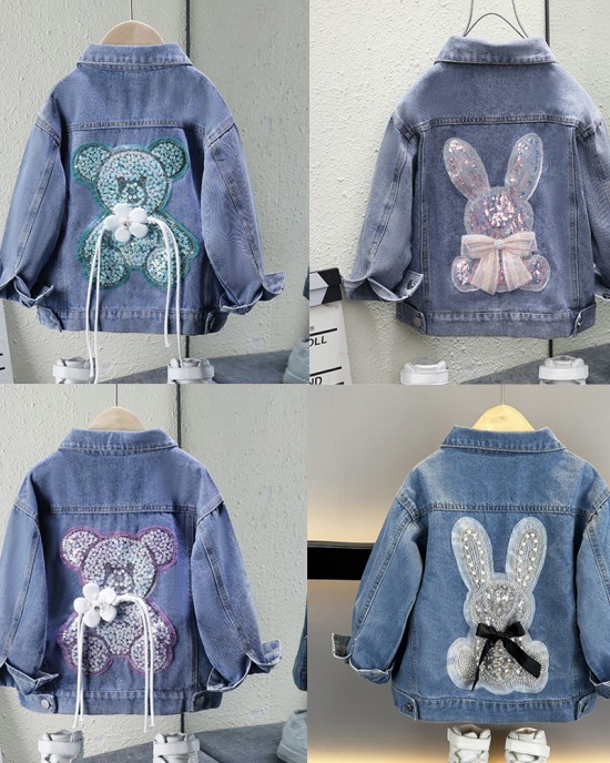 【3Y-12Y】Girl Casual Bunny Bear Sequin Embroidered Bowknot Lapel Denim Jacket