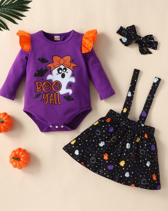 【6M-3Y】3-piece Baby Girl Halloween Print Romper And Suspender Skirt Set