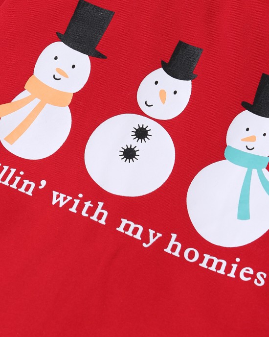 【2Y-7Y】2-piece Unisex Christmas Red Snowman Print Long-sleeved T-shirt And Cartoon Pants Set