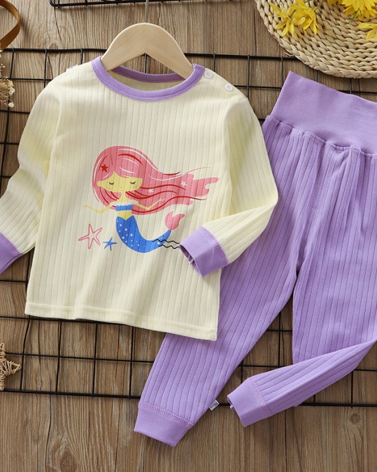 【9M-6Y】2-piece Unisex Cotton Cartoon Print Colorblock Long Sleeve Pajamas Set