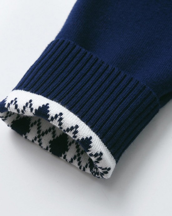 【2Y-8Y】Unisex Christmas Keep Warm Elk Snowflake Jacquard Colorblock Round Neck Sweater