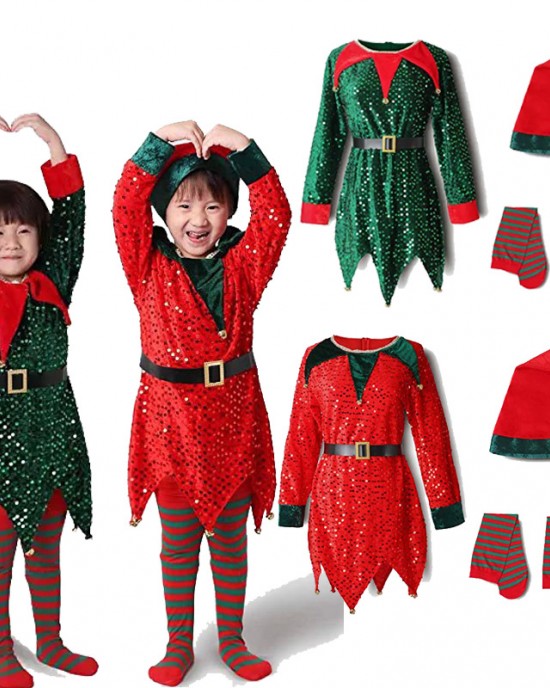 【12M-10Y】Girl Cute Christmas-themed Sequined Irregular Dress Including Santa Hat And Socks