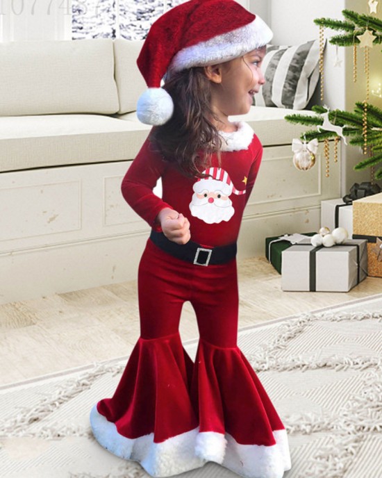 【12M-7Y】3-piece Girls Sweet Red Velvet Christmas Print Plush Top And Flare Pants Set - 34252