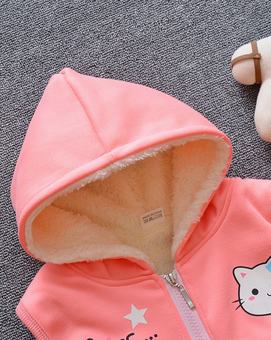 【12M-4Y】Girl Cute Velvet Keep Warm Cat Print Hooded Vest Coat