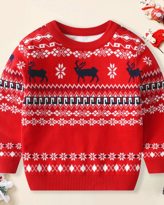 【2Y-8Y】Unisex Christmas Keep Warm Elk Snowflake Jacquard Colorblock Round Neck Sweater