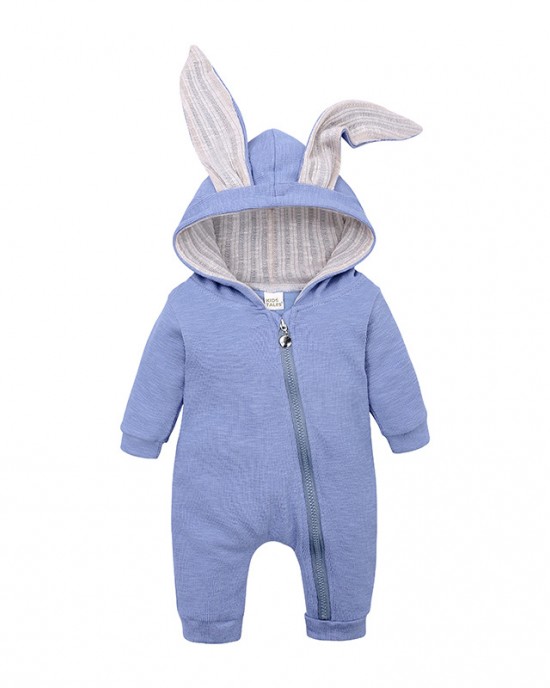 【0M-24M】Unisex Baby Cute Cotton Solid Color Rabbit Ears Hooded Zipper Romper