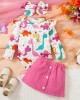 【3M-24M】3-piece Baby Girl Cute Colorful Dinosaur Long Sleeve Romper And Rose Red Skirt Set