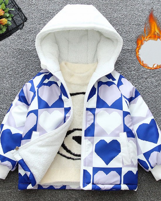 【18M-8Y】Girl Casual Velvet Keep Warm Heart-shaped Plaid Star Print Colorblock Hooded Jacket