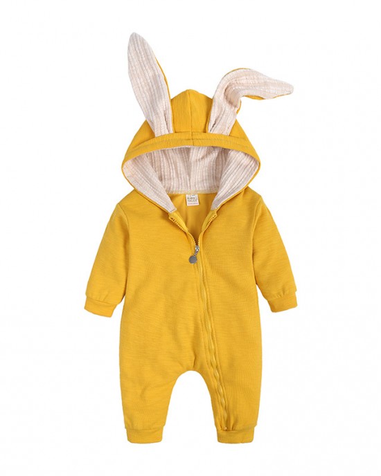 【0M-24M】Unisex Baby Cute Cotton Solid Color Rabbit Ears Hooded Zipper Romper