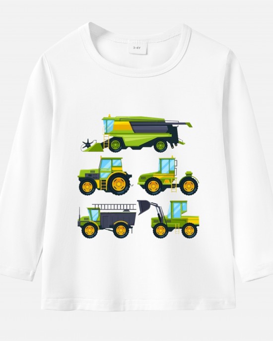 【12M-9Y】Boy Agricultural Harvester Combine Print Cotton Stain Resistant Long Sleeve T-shirt