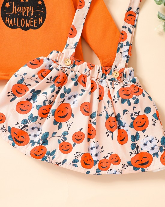 【12M-5Y】Girls Cute Halloween Print Long Sleeve T-shirt And Suspender Skirt Set