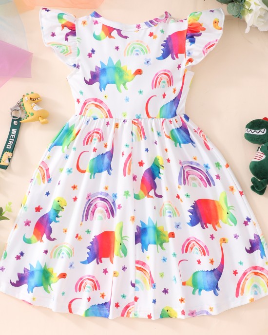 【18M-8Y】Girl Summer Cute Royal Blue Colorful Dinosaur Ruffle Dress