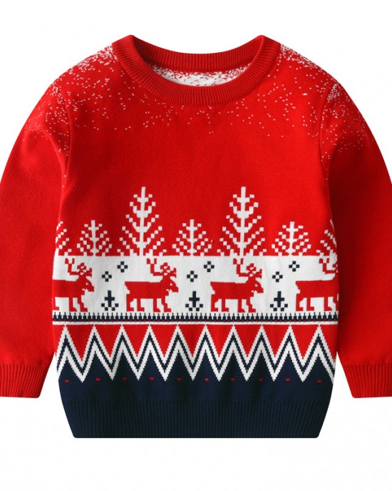 【2Y-8Y】Boy Christmas Elk Christmas Tree Jacquard Colorblock Round Neck Sweater