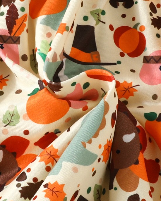 【9M-4Y】Girl Cute Thanksgiving Cartoon Pumpkin Print Long Sleeve Dress