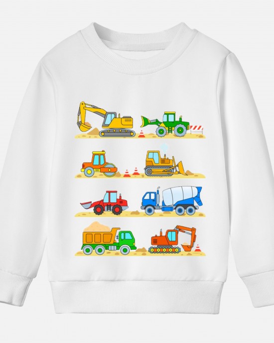 【12M-9Y】Boy Cotton Stain Resistant Excavator Bulldozers Print Long Sleeve Sweatshirt