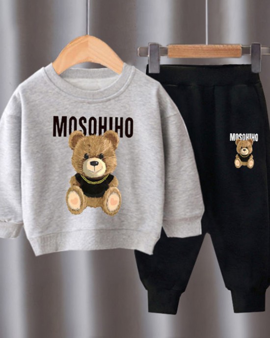 【18M-10Y】2-piece Unisex Slack Bear Print Crewneck Sweatshirt And Pants Set