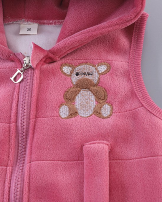 【12M-4Y】3-piece Unisex Cute Warm Monkey Embroidered Bowknot Round Neck Sweatshirt Hooded Vest Coat And Pants Set - 4450