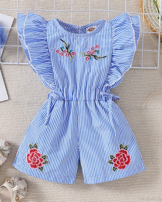 【6M-5Y】Girl Cute Striped Floral Embroidery Ruffle Sleeveless Jumpsuit - 3906