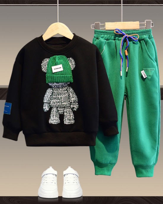 【18M-13Y】Unisex Casual Cartoon Bear Print Sweatshirt And Pants Set - 9204