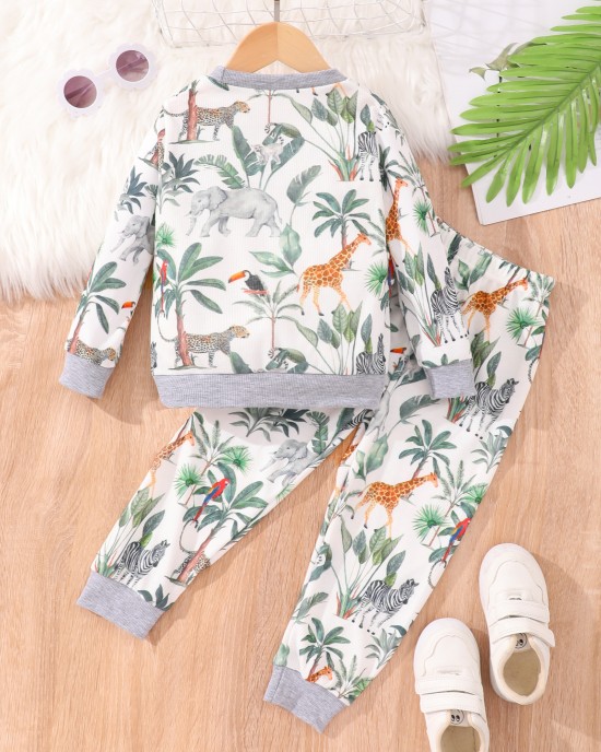 【2Y-7Y】2-piece Kids Cute Colorful Dinosaur Animal Plant Print Round Neck Sweatshirt And Pants Set