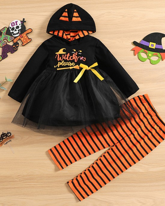 【12M-5Y】Girl Halloween Print Tulle Splicing Hooded Sweatshirt And Pants Set