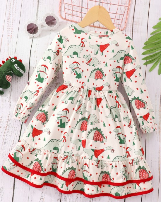 【2Y-7Y】Girl Christmas Cartoon Dinosaur Print Ruffle Long Sleeve Dress