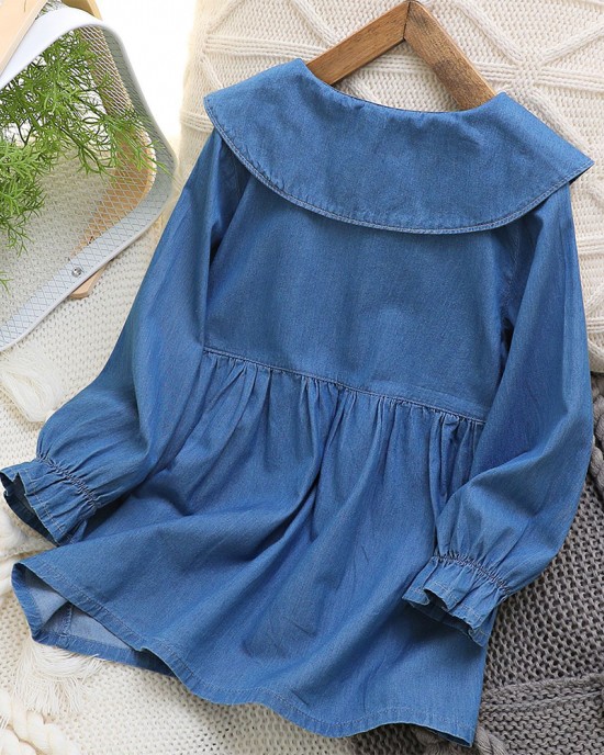 【2Y-8Y】2-piece Girl Sweet Washed Denim Ruffle Cartoon Embroidery Long Sleeve Dress