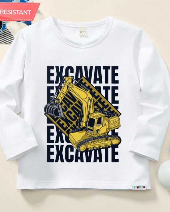 【12M-9Y】Boy Cute Excavator Print Cotton Stain Resistant Long Sleeve T-shirt