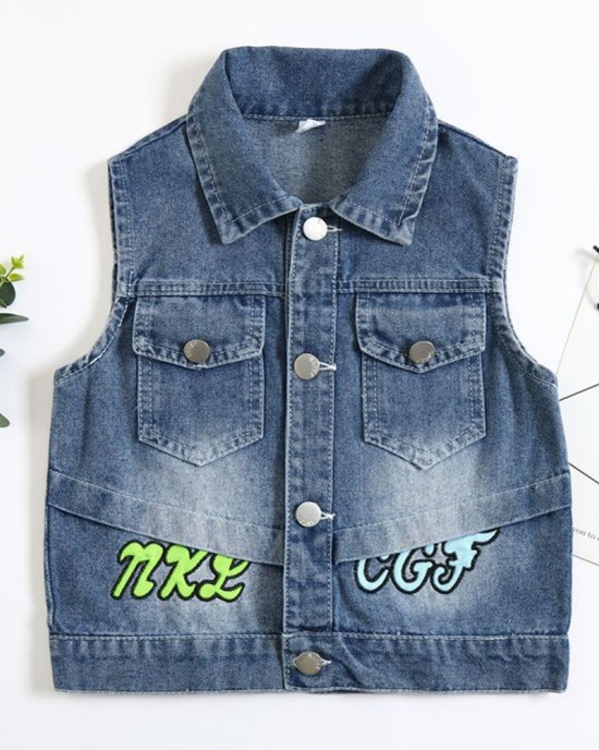 【18M-8Y】Boy Casual Cute Dinosaur Embroidered Lapel Wash Water Denim Jacket