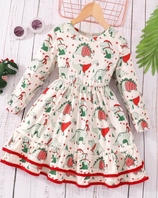 【2Y-7Y】Girl Christmas Cartoon Dinosaur Print Ruffle Long Sleeve Dress