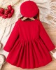 【3Y-7Y】2-piece Girl Elegant Red Corduroy Bowknot Long Sleeve Dress With Hat