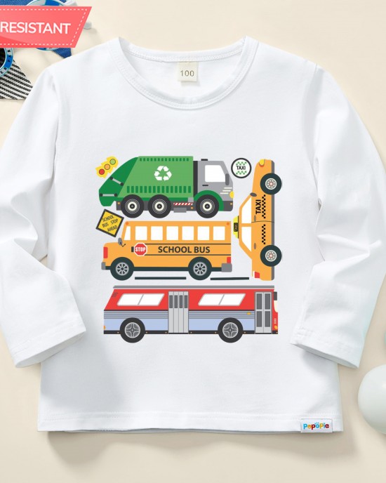 【12M-9Y】Boy Trash Trucks Print Cotton Stain Resistant Long Sleeve T-shirt