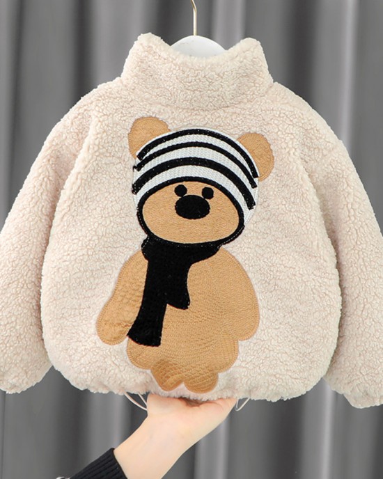 【12M-5Y】Unisex Cute Lamb Fleece Velvet Keep Warm Bear Embroidery High Neck Coat