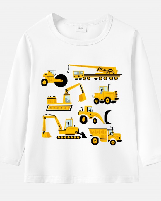 【12M-9Y】Boy Excavator Bulldozer Print Cotton Stain Resistant Long Sleeve T-shirt