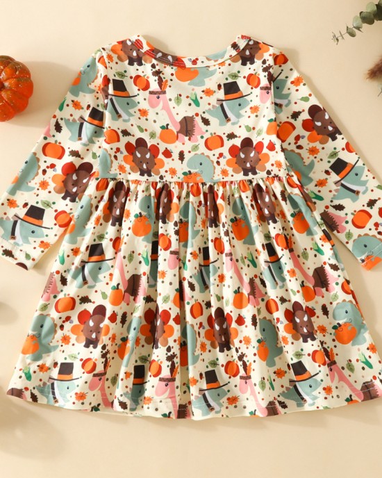 【9M-4Y】Girl Cute Thanksgiving Cartoon Pumpkin Print Long Sleeve Dress