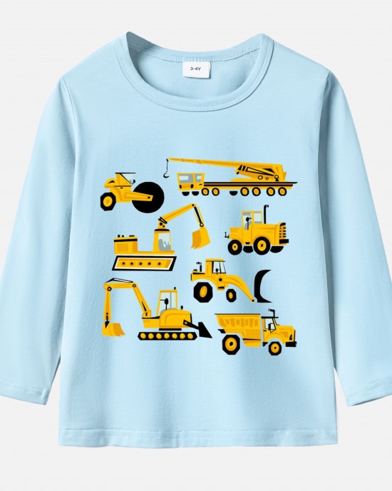 【12M-9Y】Boy Excavator Bulldozer Print Cotton Stain Resistant Long Sleeve T-shirt