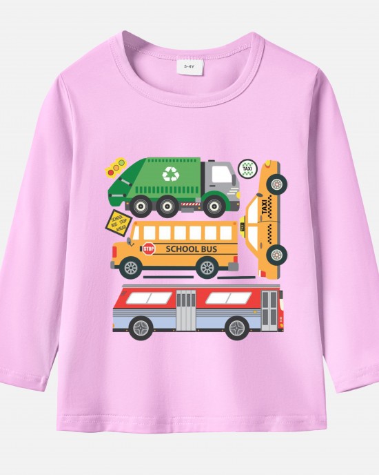 【12M-9Y】Boy Trash Trucks Print Cotton Stain Resistant Long Sleeve T-shirt