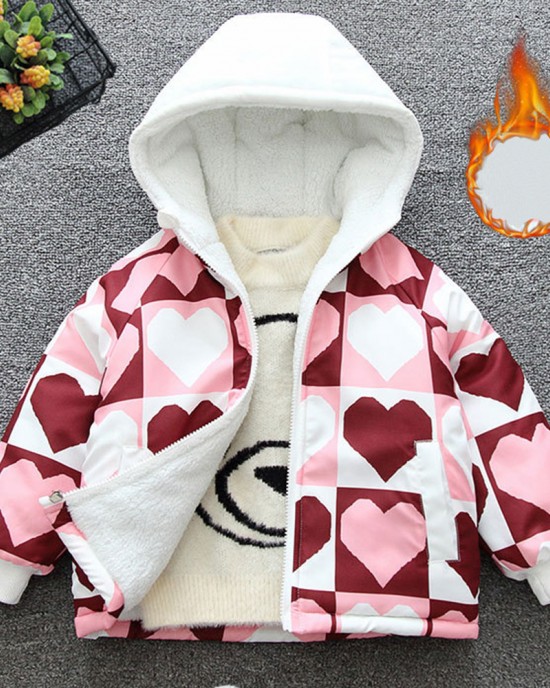 【18M-8Y】Girl Casual Velvet Keep Warm Heart-shaped Plaid Star Print Colorblock Hooded Jacket