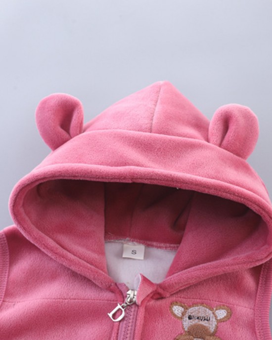 【12M-4Y】3-piece Unisex Cute Warm Monkey Embroidered Bowknot Round Neck Sweatshirt Hooded Vest Coat And Pants Set - 4450