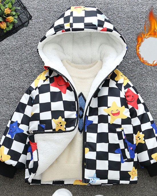 【18M-8Y】Boy Casual Velvet Keep Warm Plaid Star Print Colorblock Hooded Jacket