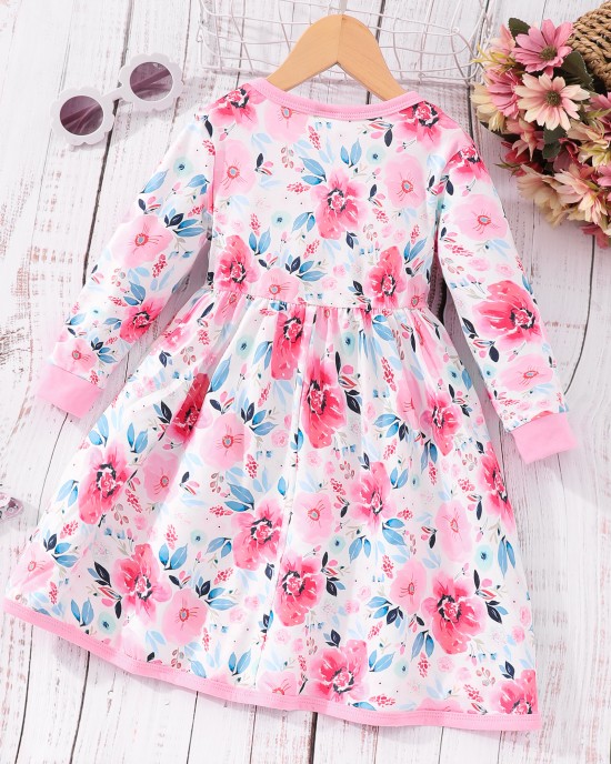 【2Y-7Y】Girl Casual Colorful Cartoon Animal Unicorn Floral Print Long Sleeve Dress