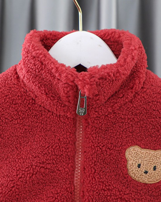 【12M-5Y】Unisex Cute Lamb Fleece Velvet Keep Warm Bear Embroidery High Neck Coat