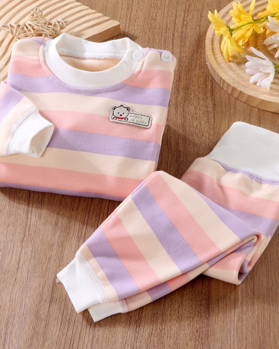 【9M-5Y】2-piece Unisex Keep Warm Colorful Stripe Print Long Sleeve Pajamas Set