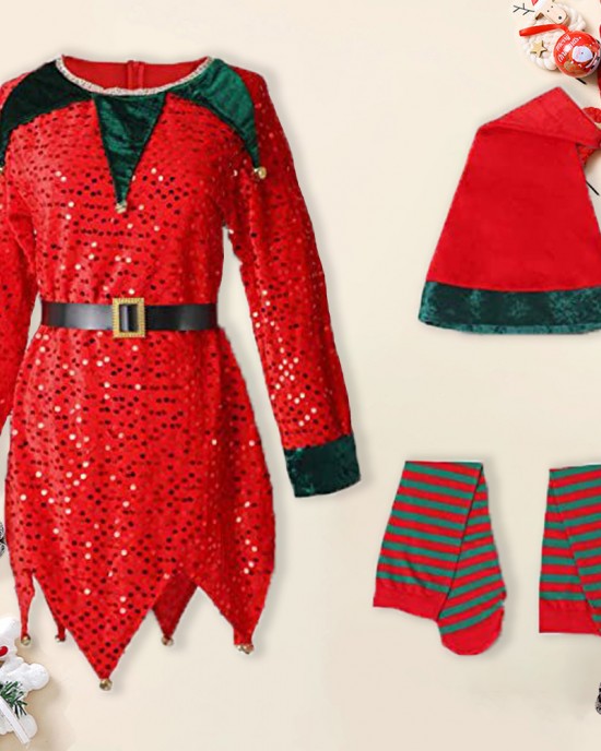 【12M-10Y】Girl Cute Christmas-themed Sequined Irregular Dress Including Santa Hat And Socks