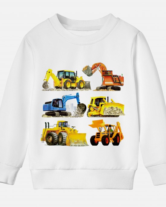 【12M-9Y】Boy Cotton Stain Resistant Excavator Bulldozers Print Long Sleeve Sweatshirt