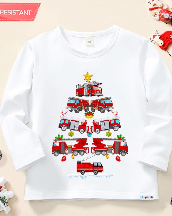 【12M-9Y】Unisex Fire Truck Christmas Tree Print Cotton Stain Resistant Long Sleeve T-shirt