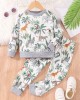 【2Y-7Y】2-piece Kids Cute Colorful Dinosaur Animal Plant Print Round Neck Sweatshirt And Pants Set