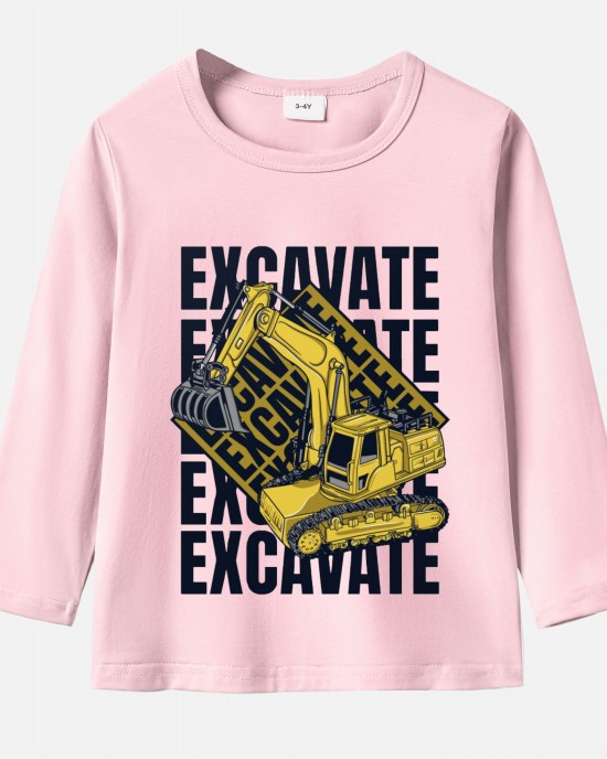 【12M-9Y】Boy Cute Excavator Print Cotton Stain Resistant Long Sleeve T-shirt